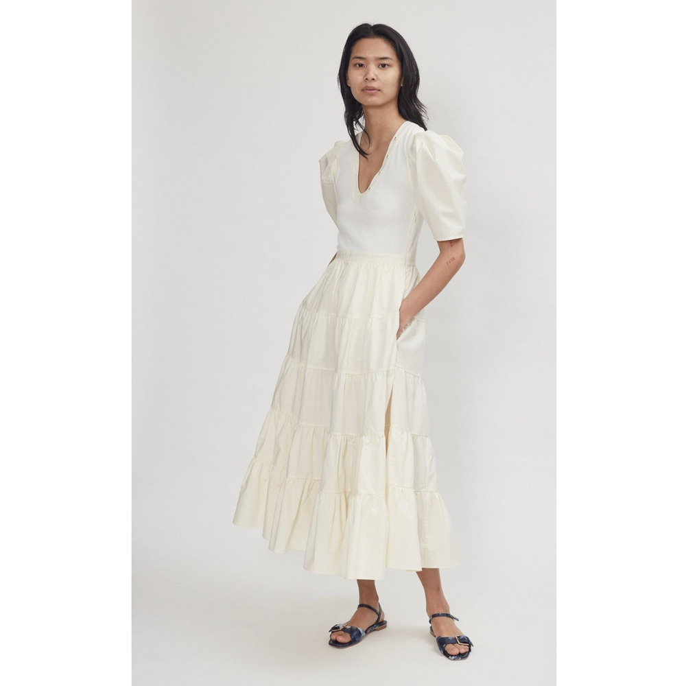Ulla Johnson S Cotton Poplin Puff Sleeve Rory Dress Tiered Midi Ivory White $425 - Picture 8 of 11